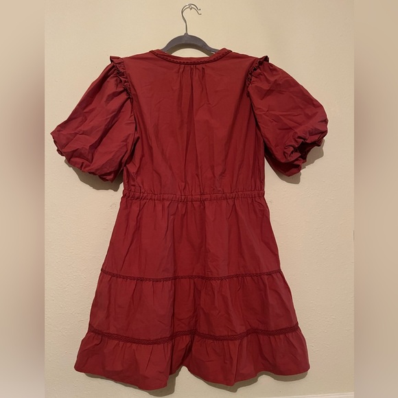 Lost + Wander Rust Short Puff Sleeve V Neck Cinched Waist Mini Dress - Picture 9 of 9